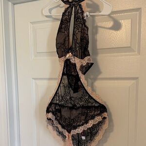 Adore Me Black Sheer Lace Halter Chemise with Blush Trim